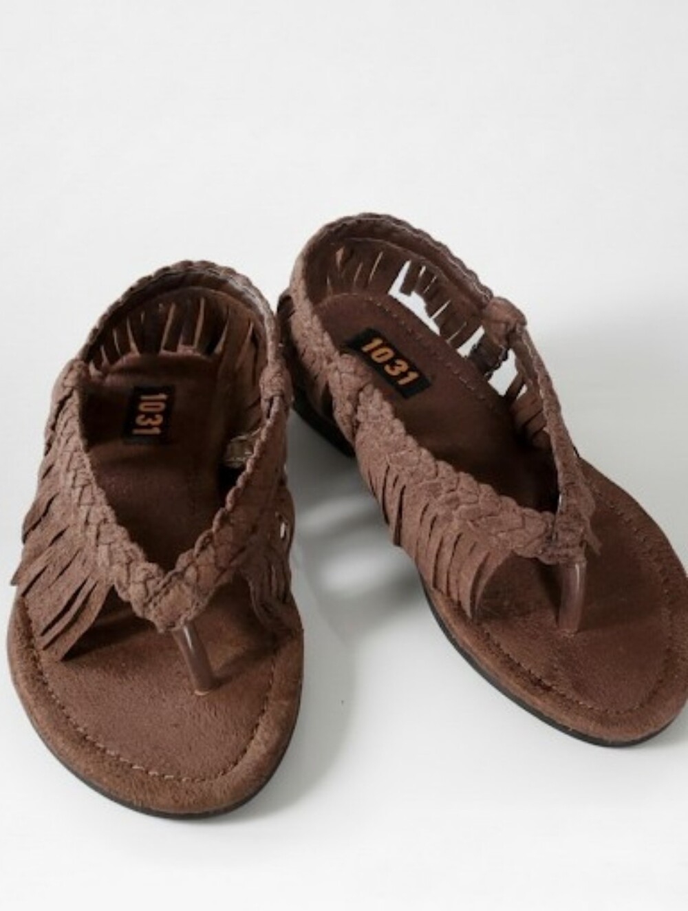 1031 Big-Kid 1/2 NEW Sandals Brown Faux Suede Fringe Ankle Strap Flip Flops